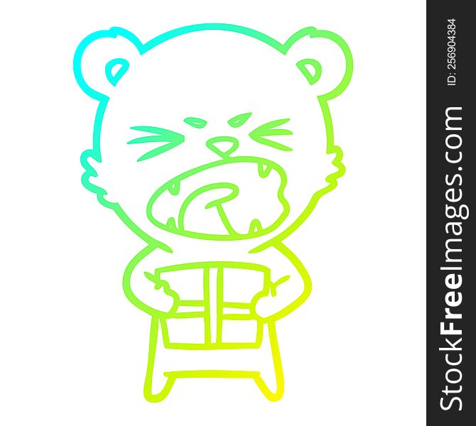 Cold Gradient Line Drawing Angry Cartoon Bear With Present