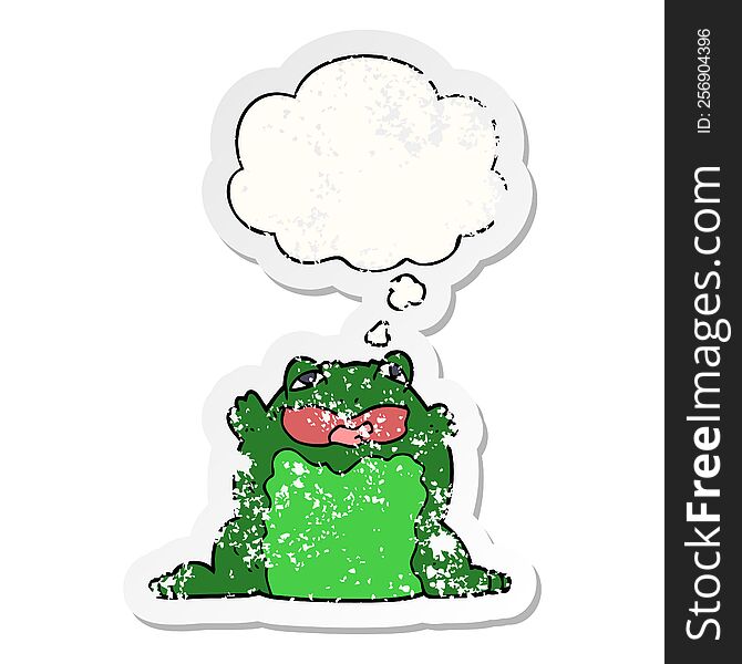 cartoon toad with thought bubble as a distressed worn sticker