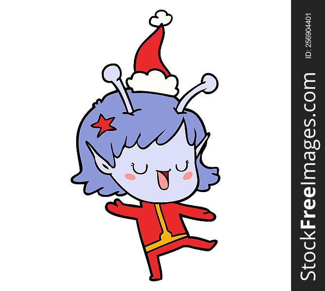 happy alien girl hand drawn line drawing of a wearing santa hat. happy alien girl hand drawn line drawing of a wearing santa hat