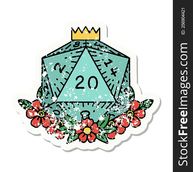 grunge sticker of a natural 20 D20 dice roll with floral elements. grunge sticker of a natural 20 D20 dice roll with floral elements