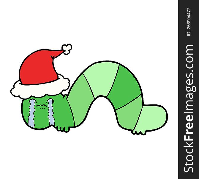 Line Drawing Of A Caterpillar Obsessing Over His Regrets Wearing Santa Hat