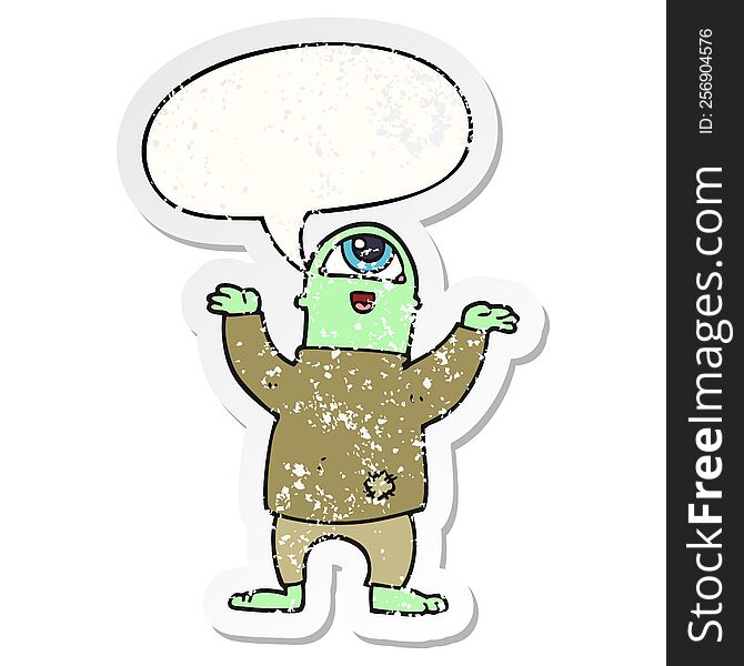 Cartoon Halloween Monster And Speech Bubble Distressed Sticker