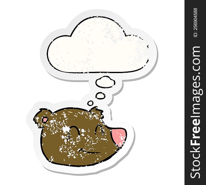 Cartoon Happy Bear Face And Thought Bubble As A Distressed Worn Sticker