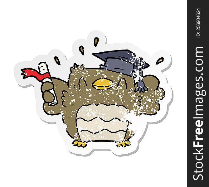 distressed sticker of a cartoon owl graduate