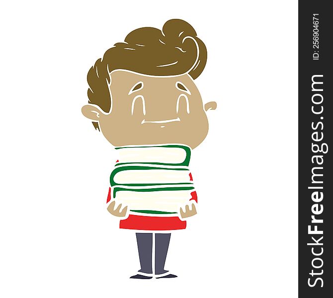 happy flat color style cartoon man with stack of new books