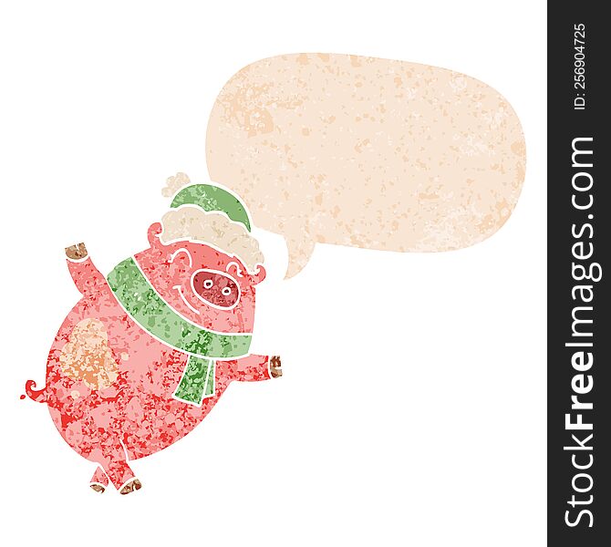 Cartoon Pig Wearing Christmas Hat And Speech Bubble In Retro Textured Style