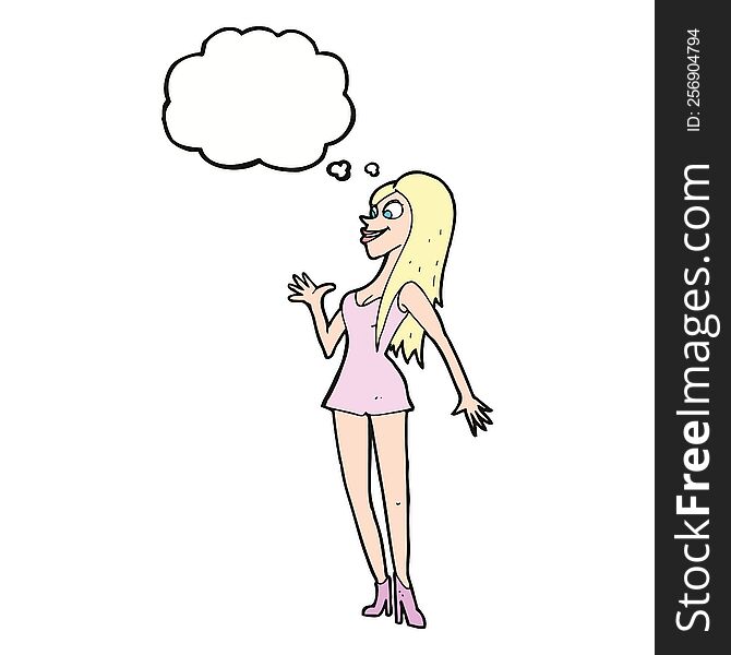 cartoon woman in pink dress with thought bubble