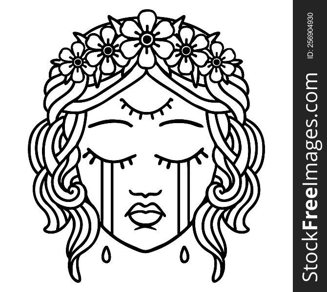 tattoo in black line style of female face with third eye and crown of flowers cyring. tattoo in black line style of female face with third eye and crown of flowers cyring