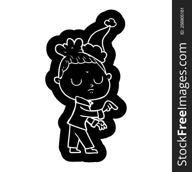 quirky cartoon icon of a calm woman wearing santa hat