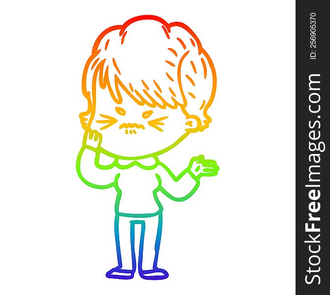 rainbow gradient line drawing cartoon frustrated woman