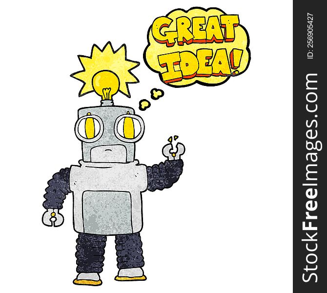 freehand drawn thought bubble textured cartoon robot with great idea