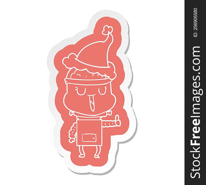 happy quirky cartoon  sticker of a robot wearing santa hat