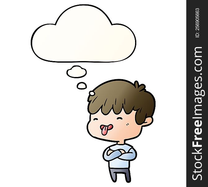 cartoon boy sticking out tongue with thought bubble in smooth gradient style