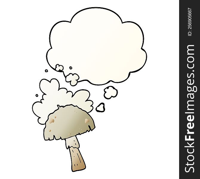 cartoon mushroom with spore cloud with thought bubble in smooth gradient style