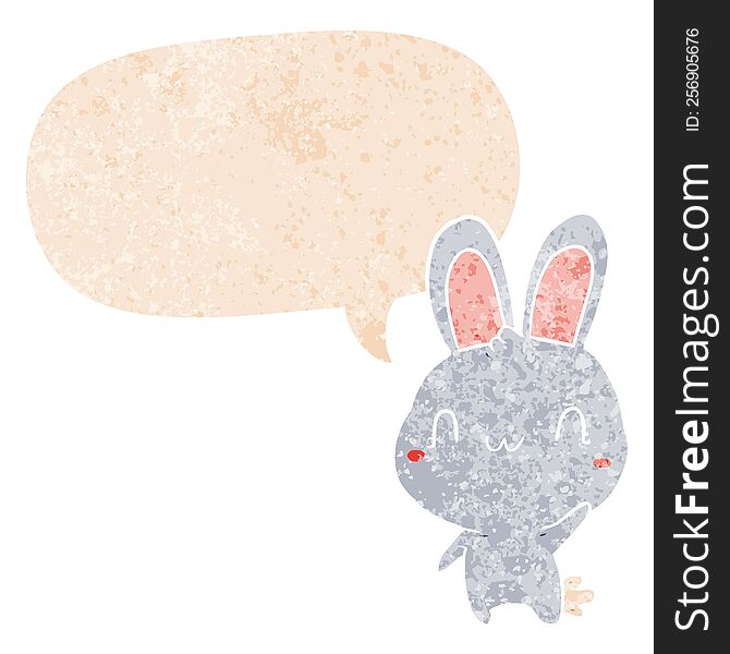 Cartoon Rabbit Waving And Speech Bubble In Retro Textured Style