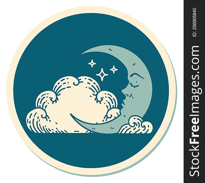 sticker of tattoo in traditional style of a crescent moon and clouds. sticker of tattoo in traditional style of a crescent moon and clouds