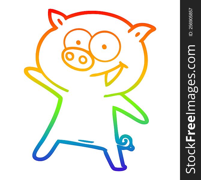 Rainbow Gradient Line Drawing Cheerful Dancing Pig Cartoon