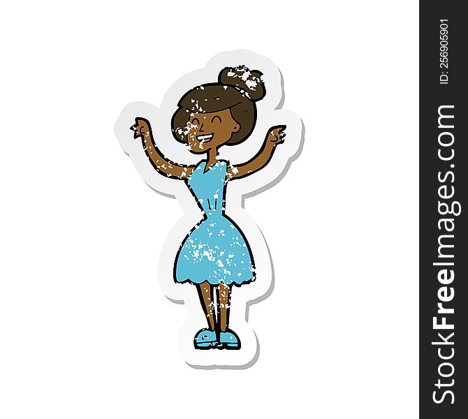 retro distressed sticker of a cartoon woman with raised arms