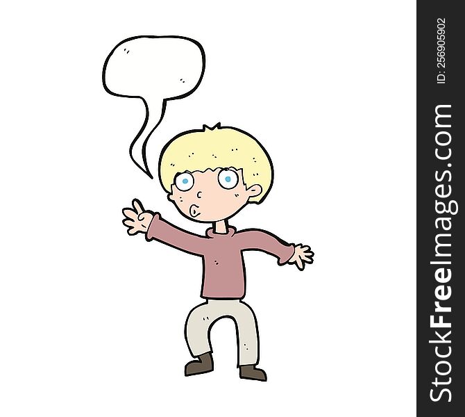 cartoon boy waving warning with speech bubble