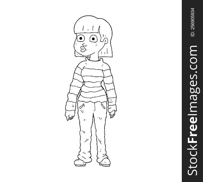 black and white cartoon woman in casual clothes