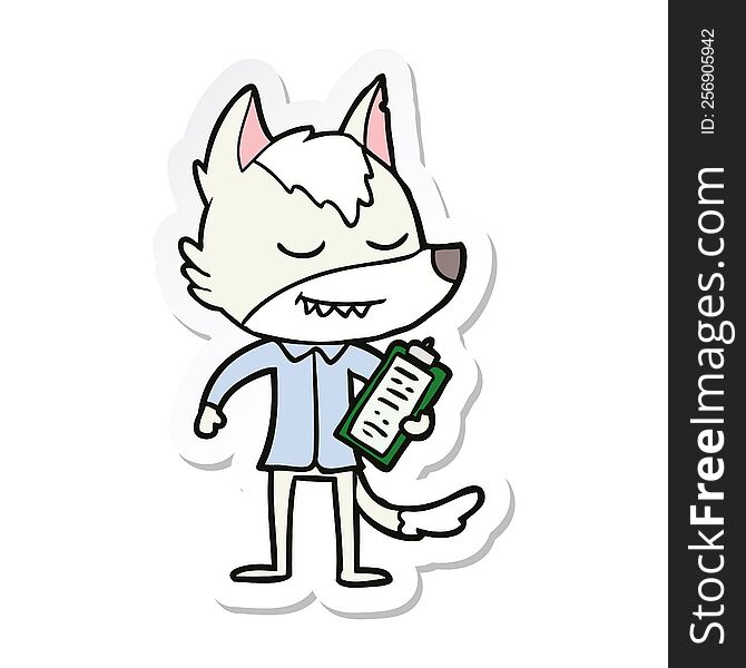 sticker of a friendly cartoon wolf with notes