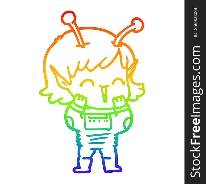 Rainbow Gradient Line Drawing Cartoon Alien Girl Giggling