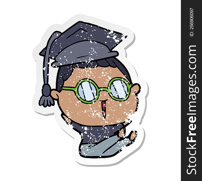 distressed sticker of a cartoon graduate wearing spectacles