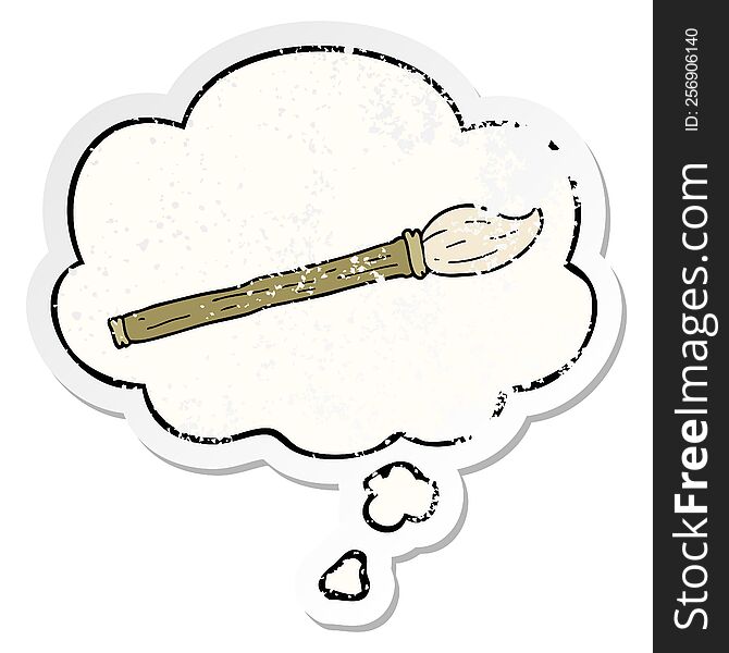 cartoon paint brush with thought bubble as a distressed worn sticker