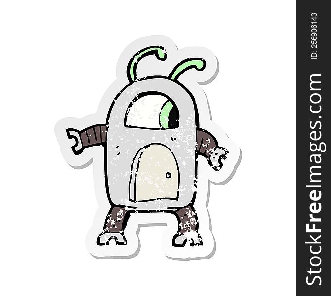 Retro Distressed Sticker Of A Cartoon Alien Robot