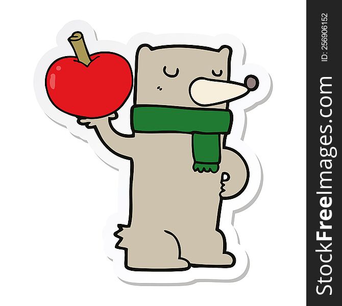 Sticker Of A Cartoon Bear With Apple