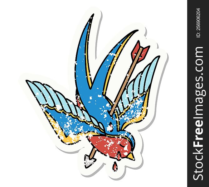 distressed sticker tattoo in traditional style of a swallow pierced by arrow. distressed sticker tattoo in traditional style of a swallow pierced by arrow