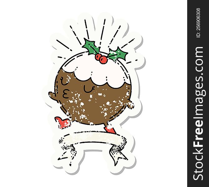 worn old sticker of a tattoo style christmas pudding character walking. worn old sticker of a tattoo style christmas pudding character walking