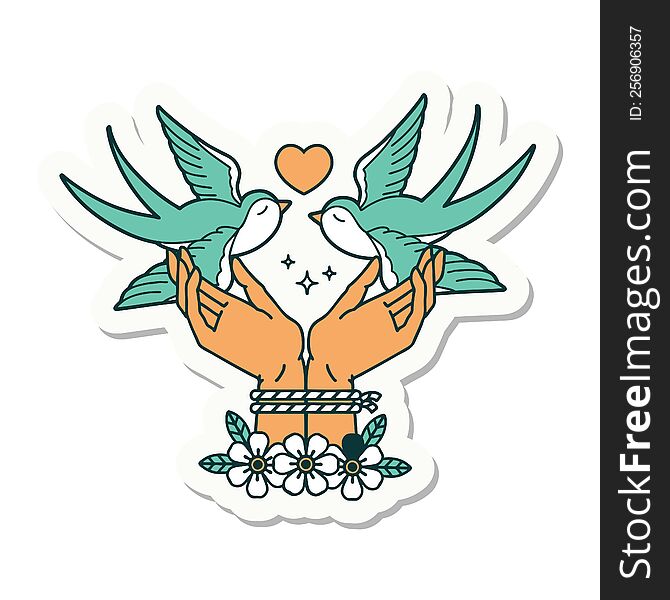 sticker of tattoo in traditional style of tied hands and swallows. sticker of tattoo in traditional style of tied hands and swallows