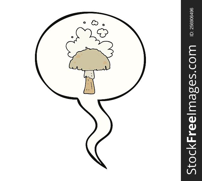 cartoon mushroom with spore cloud with speech bubble. cartoon mushroom with spore cloud with speech bubble