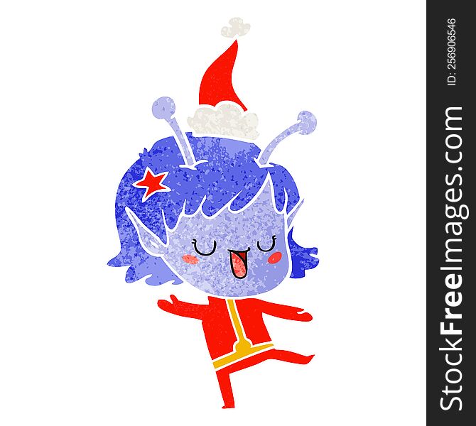 happy alien girl hand drawn retro cartoon of a wearing santa hat. happy alien girl hand drawn retro cartoon of a wearing santa hat