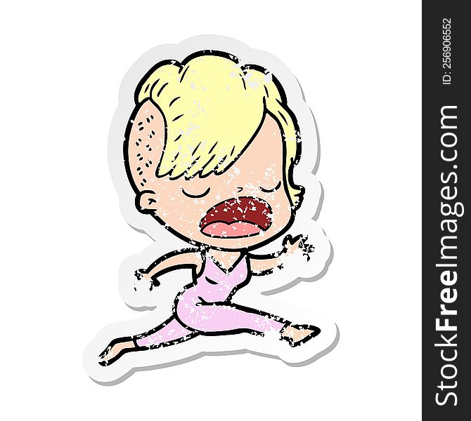 distressed sticker of a cartoon cool hipster girl talking