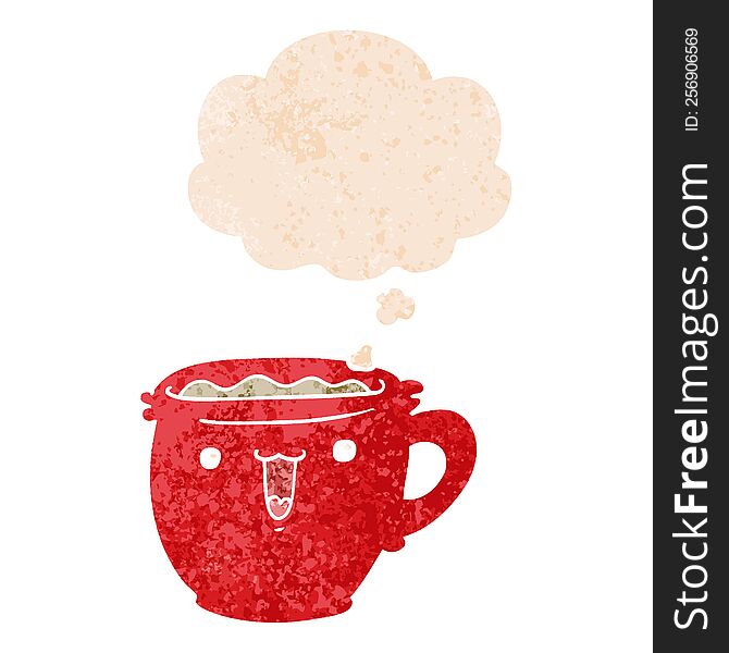 cute cartoon coffee cup and thought bubble in retro textured style