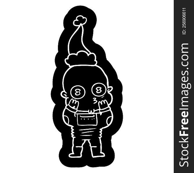 Cartoon Icon Of A Weird Bald Spaceman Wearing Santa Hat