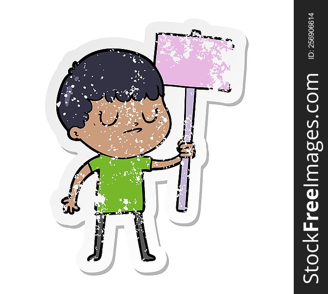distressed sticker of a cartoon grumpy boy with placard