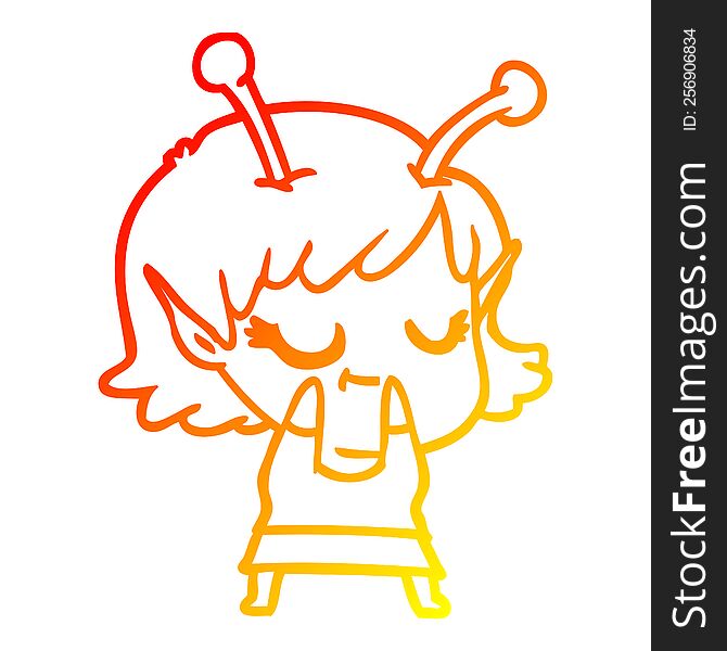 Warm Gradient Line Drawing Smiling Alien Girl Cartoon