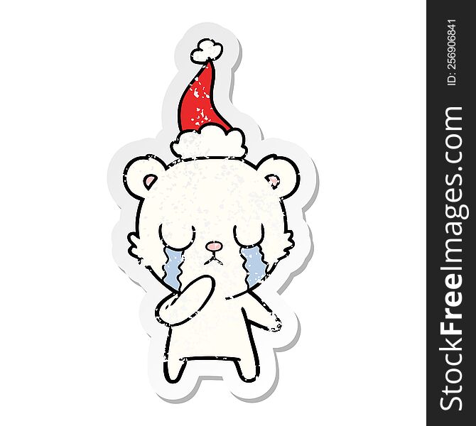Crying Polar Bear Distressed Sticker Cartoon Of A Wearing Santa Hat