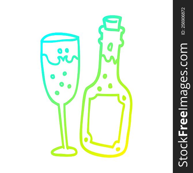 cold gradient line drawing of a cartoon champagne bottle and glass