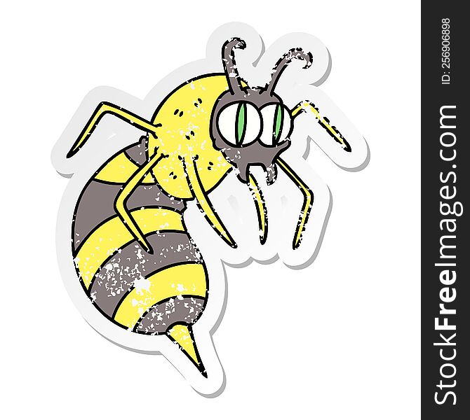 distressed sticker of a quirky hand drawn cartoon wasp