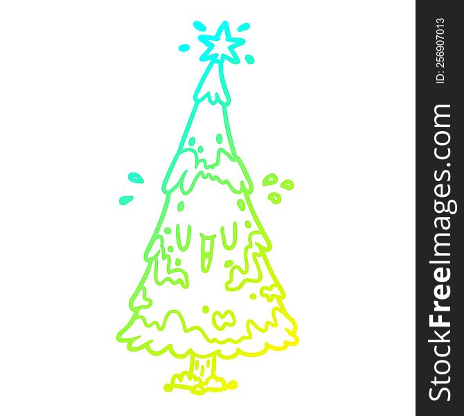 Cold Gradient Line Drawing Snowy Christmas Tree With Happy Face