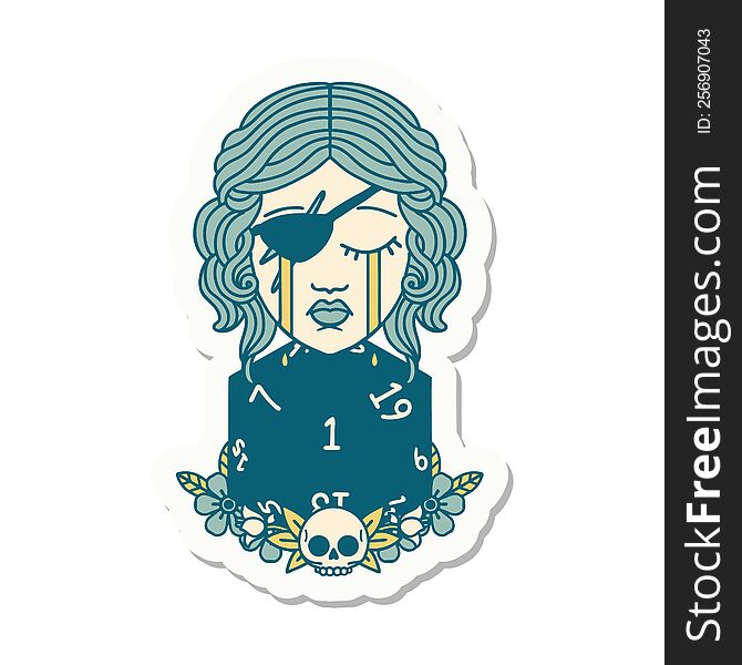 sticker of a crying human rogue with natural one d20 roll. sticker of a crying human rogue with natural one d20 roll