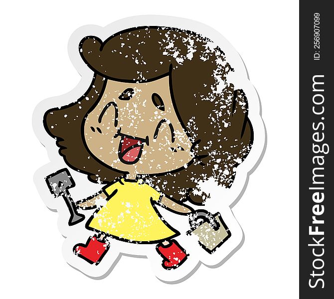 distressed sticker cartoon of cute kawaii girl with bucket and spade