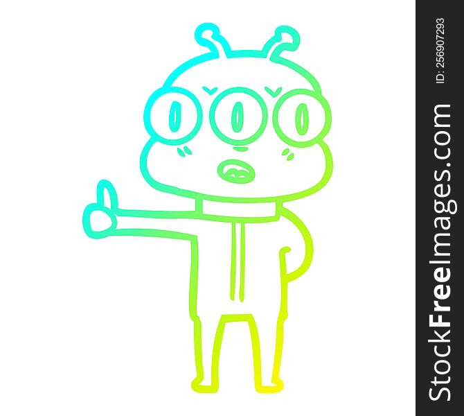 cold gradient line drawing of a cartoon three eyed alien