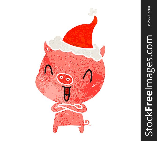 Happy Retro Cartoon Of A Pig Wearing Santa Hat