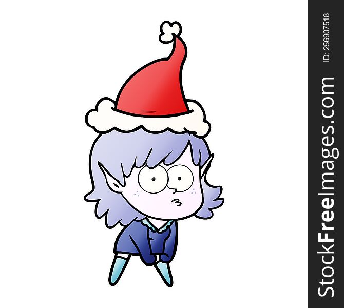 Gradient Cartoon Of A Elf Girl Staring And Crouching Wearing Santa Hat