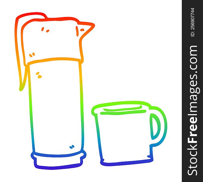 rainbow gradient line drawing of a cartoon coffee thermos